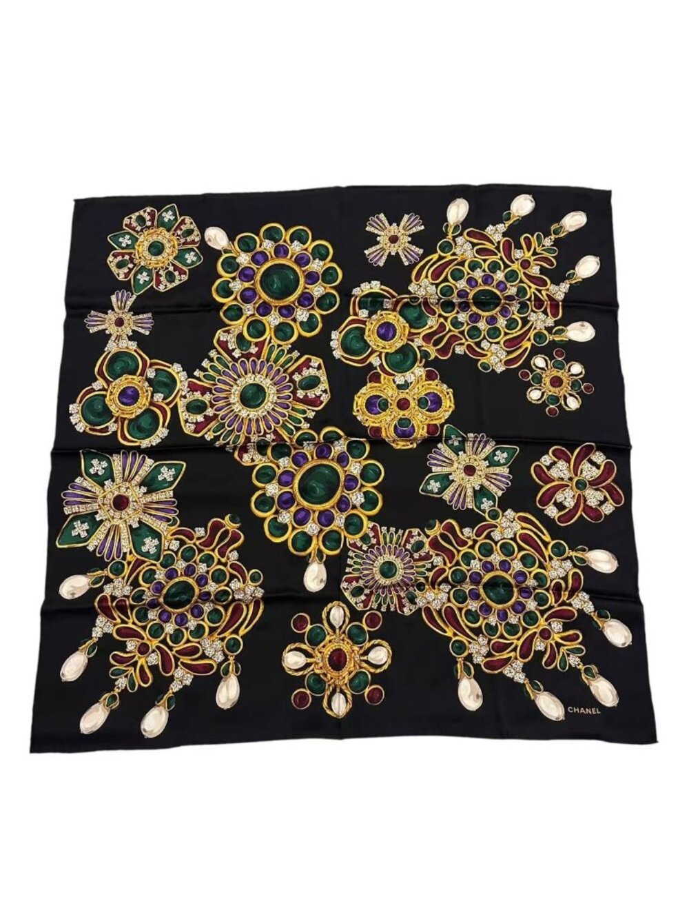 Chanel Scarf Silk Multicolor Pattern Black
